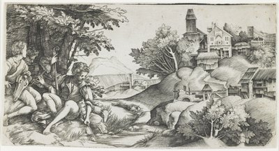 एक लैंडस्केप में चरवाहों, सी। 1517-1518 द्वारा Giulio Campagnola
