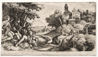 एक लैंडस्केप में चरवाहों, सी। 1517। द्वारा Giulio Campagnola