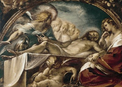 एन्जिल्स के साथ मृत मसीह। (तेल के रंगों से केन्वस पर बना चित्र द्वारा Giulio Cesare Procaccini