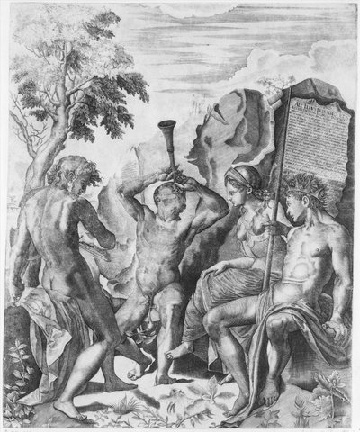 अपोलो और मार्सियस की प्रतियोगिता और मिडास का निर्णय, 1562। द्वारा Giulio Sanuto