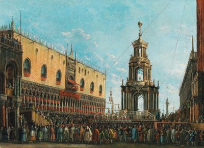 1830 के दशक में वेनिस में डुकल पैलेस के सामने जियोवेदी ग्रासो महोत्सव। द्वारा ग्यूसेप बर्नार्डिनो बाइसन