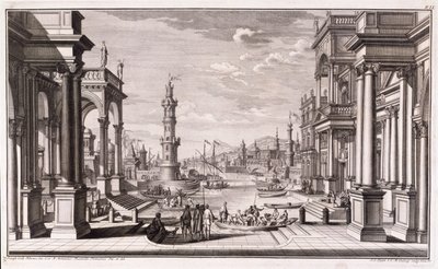 1740 में प्रकाशित &39;आर्किटेक्चर थियेट्रैलिस प्राइमरियस&39; से बारोक शैली के स्तंभों के साथ छोटा बंदरगाह द्वारा ग्यूसेप बीबी
