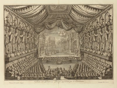 नेपल्स पार वासी के रॉयल पैलेस में ला सेरेनाटा का प्रदर्शन, ग्यूसेप (1710-1782)। कॉपर उत्कीर्णन, आकार: 41.5x62 द्वारा ग्यूसेप वासी