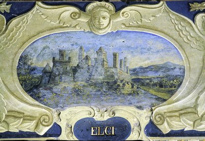 Elci, Conte Pannochieschi d'Elci (फ्रेस्को) के स्वामित्व वाले आवासों की छवियों को दर्शाने वाले कार्टूच की एक श्रृंखला से द्वारा Giusto Utens