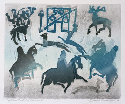 सचित्र शिकार दृश्य III, 1995 (मोनोटाइप) द्वारा ग्लोरिया वालिंगटन