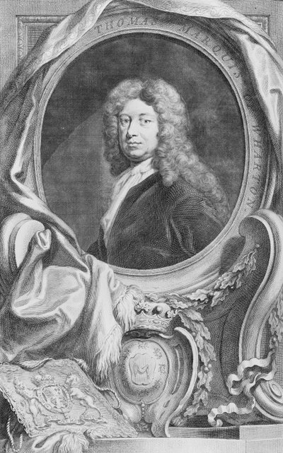 पोर्ट ऑफ थॉमस मारक्विस ऑफ़ व्हार्टन (1648-1715), जैकब हूब्रेकेन (1698-1780) द्वारा उत्कीर्ण, पी। नेंटन, 1744 द्वारा प्रकाशित द्वारा गॉडफ्रे नेलर