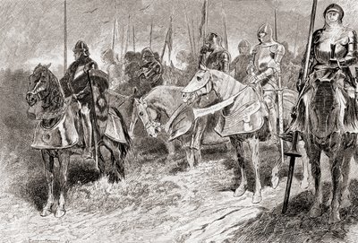 विलियम शेक्सपियर का एक दृश्य किंग हेनरी वी, एक्ट IV, दृश्य 2, लॉर्ड ग्रैंडप्रे में खेलते हैं: घुड़सवार अपने हाथ में मशाल की सीढ़ियों के साथ तय की गई मोमबत्तियाँ जैसे बैठते हैं, द वर्क्स ऑफ विलियम शेक्सपियर, पु से द्वारा गॉर्डन फ्रेडरिक ब्राउन