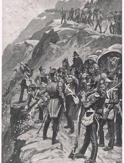 द रिट्रीट टू कोरुना: द हर्लिंग डाउन द माउंटेनसाइड, &39;ब्रिटिश बैटल ऑन लैंड एंड सी&39; का चित्रण, कैसेल, लंदन द्वारा प्रकाशित, c.1910 द्वारा गॉर्डन फ्रेडरिक ब्राउन