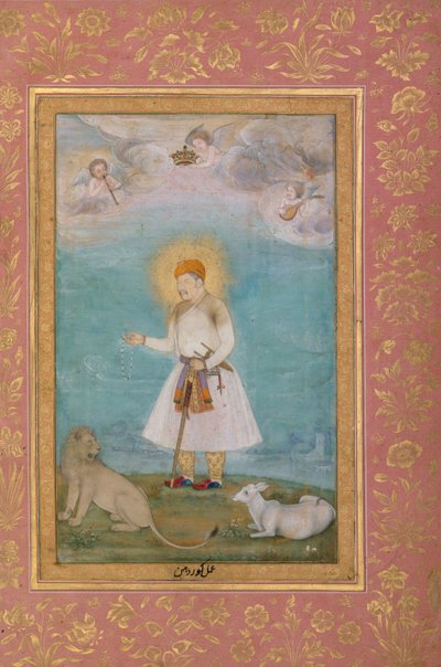शेर और बछड़ा के साथ अकबर, c.1630 द्वारा गोवर्धन