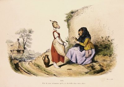 'लेस मेटामोर्फोसेस डू जर्स' श्रृंखला का कैरिकेचर, 'एन आउल टेलिंग द फॉर्च्यून ऑफ ए डोंकी', 1854 में पुनर्मुद्रित (रंगीन उत्कीर्णन) द्वारा ग्रैंडविल