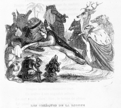 शेरनी का अंतिम संस्कार - "" Fables de La Fontaine"" में बीमार। ग्रैंडविल द्वारा द्वारा ग्रैंडविल