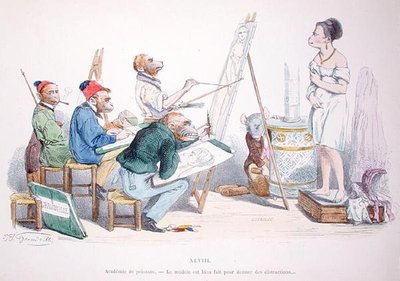 1854 में पुनर्मुद्रित 'लेस मेटामोर्फोसेस डू जर्स' श्रृंखला से कैरिकेचर, 'मॉडल पूरी तरह से व्याकुलता प्रदान करने के लिए बनाया गया है' (रंगीन उत्कीर्णन) द्वारा ग्रैंडविल