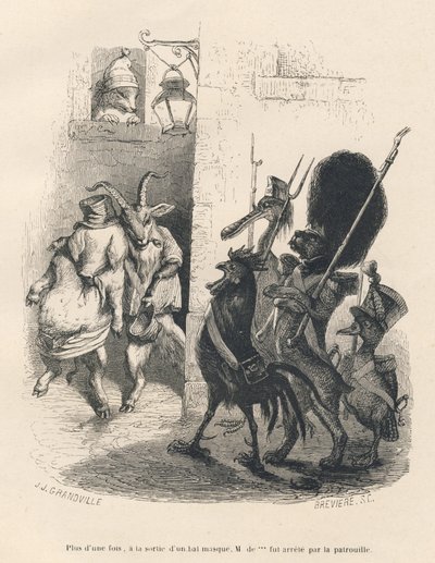 एक कुत्ते, एक मुर्गा, एक बत्तख और एक हवासील से बनी गश्त को पार करते हुए नशे में धुत सुअर और बकरी। जे जे ग्रानविले द्वारा सचित्र विगनेट्स। एमिल डी ला बेडोलिरे द्वारा लिखित "मेमोयर्स डी अन क्रोकोडाइल" नामक भाग में ब्रेविएर पर हस्ताक्षर किए गए उत्की द्वारा ग्रैंडविल