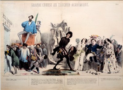 अकादमिक घंटी टॉवर के लिए शानदार दौड़। लेखक अल्फ्रेड डी विग्नी (1797-1863), यूजीन सू (1804-1857) अलेक्जेंड्रे डुमास (1802-1870) और होनोर डी बाल्ज़ाक (1799-1850) पहचाने जाते हैं। जेरार्ड ग्रैंडविल द्वारा उत्कीर्णन (1803-1847) द्वारा ग्रैंडविल