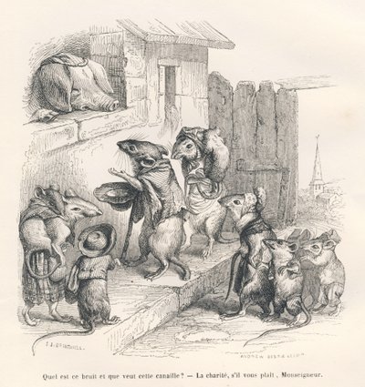 सुअर को दान करने वाला चूहा। जे जे ग्रानविले द्वारा सचित्र विगनेट्स। उत्कीर्णन ने "जानवरों के निजी और सार्वजनिक जीवन के दृश्य" में एडौर्ड लेमोइन द्वारा लिखित "द फिलॉस्फर चूहा" नामक भाग में एंड्रयू, बेस्ट और लेलोइर पर हस्ताक्षर किए। पेरिस द्वारा ग्रैंडविल