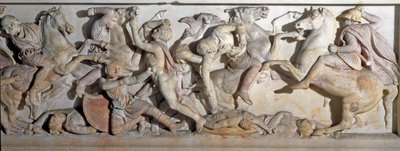 ग्रीक कला: "" सिकंदर महान का ताबूत (356-323 ईसा पूर्व)"" यूनानियों और फारसियों के बीच 333 ईसा पूर्व में इस्सोस की लड़ाई का प्रतिनिधित्व करने वाली राहत का दृश्य। सिडोन के फेनिशियन क़ब्रिस्तान से। चौथी शताब्दी ईसा पूर्व। मंद। 195 x 318 x1 द्वारा यूनानी