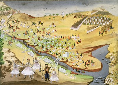 यूनानियों और यूनानियों के बीच पहली लड़ाई, 1821 में अलमाना ब्रिज पर, ग्रीक युद्ध की स्वतंत्रता के सचित्र इतिहास से द्वारा ग्रीक स्कूल