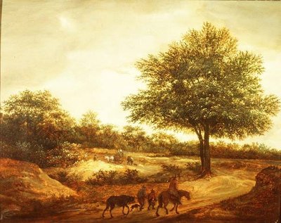 रास्ते में यात्रियों के साथ एक जंगली परिदृश्य, एक कुटीर परे द्वारा गुइलम दे वोस
