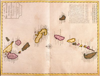कैरेबियन द्वीप समूह के मानचित्र (गुआदेलूप, मैरी गैलांटे, डोमिनिका, मार्टीनिक, सेंट लूसिया, सेंट विंसेंट, बारबाडोस, ग्रेनेडाइंस और ग्रेनाडा) (नक़्क़ाशी द्वारा गिलौम डेलिसल