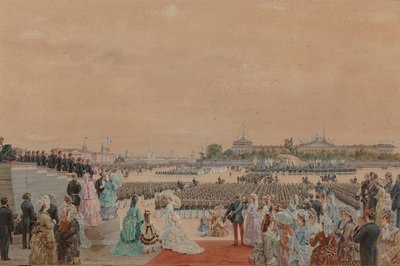 30 मई 1872 को सीनेट स्क्वायर पर पीटर I की द्विशताब्दी के अवसर पर पवित्र सेवा। द्वारा बंदूक