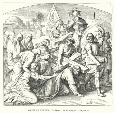 साइरेन के साइमन, सेंट मैथ्यू, ch xxvii, ver 32 (उत्कीर्णन) द्वारा गुस्ताव जेगर