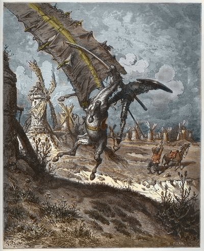मिगुएल सर्वेंट्स (1547-1616) (डॉन क्विक्सोट) द्वारा "डॉन क्विक्सोट डे ला मंच" से डॉन क्विक्सोट और विंडमिल्स - गुस्ताव डोर द्वारा ड्राइंग के बाद हेलियोडोर जोसेफ पिसन (1822-90) द्वारा उकेरा गया द्वारा गुस्ताव (बाद में) डोर