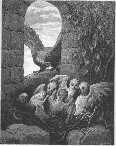 एल'एगल एट ले हिबौ - द ईगल एंड द उल्लू - जीन डे ला फोंटेन (लाफोंटेन) (1621-95) द्वारा 'फेबल्स' से - गुस्ताव डोर (1832-83) के बाद उत्कीर्ण - निजी संग्रह द्वारा गुस्ताव (बाद में) डोर