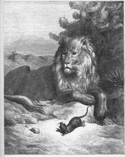 ले लायन एट ले रैट - द लायन एंड द माउस - जीन डे ला फोंटेन (लाफोंटेन) (1621-95) द्वारा 'फेबल्स' से - गुस्ताव डोर (1832-83) के बाद उत्कीर्णन - निजी संग्रह द्वारा गुस्ताव (बाद में) डोर