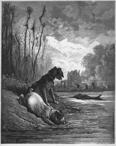 Les Deux Chiens et L'ane mort - द टू डॉग्स एंड द डोंकी डेड - 'फेबल्स' से जीन डे ला फोंटेन (लाफोंटेन) (1621-95) द्वारा - गुस्ताव डोर (1832-83) के बाद उत्कीर्णन - निजी संग्रह द्वारा गुस्ताव (बाद में) डोर