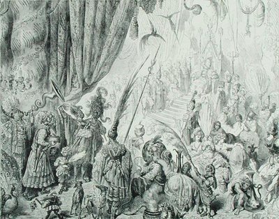 सेरेन्डिब के राजा का दरबार, c.1868 (उत्कीर्णन) द्वारा गुस्ताव (बाद में) डोर