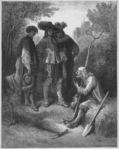 बूढ़ा और तीन युवक - बूढ़ा और तीन युवक - जीन डे ला फोंटेन (लाफोंटेन) (1621-95) द्वारा 'फेबल्स' से - गुस्ताव डोर के बाद उत्कीर्णन (1832-83) - निजी संग्रह द्वारा गुस्ताव (बाद में) डोर