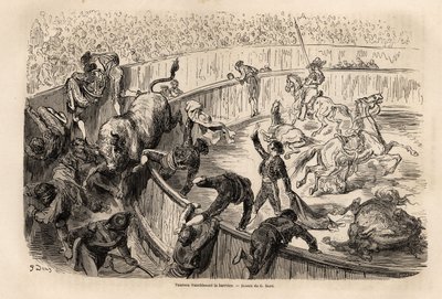 1862 में सी. डेविलियर के साथ स्पेन की अपनी यात्रा का वर्णन करने के लिए गुस्ताव डोर (1832-1883) द्वारा चित्रित, वालेंसिया में एक बुलफाइट के दौरान बाधा पार करते हुए एक बैल। एडौर्ड चार्टन द्वारा गुस्ताव डोर