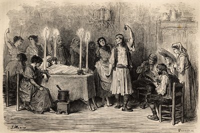 एक अंतिम संस्कार नृत्य, जिजोनास (एलिकेंट प्रांत) में मुर्दाघर के दिन के दौरान। गुस्ताव डोर (1832-1883) द्वारा लाइव पर लिया गया स्केच। 1862 में चार्ल्स डेविलियर और गुस्ताव डोर द्वारा स्पेन में यात्रा को चित्रित करने के लिए उत्कीर्णन, "ले टूर डू मोंडे,  द्वारा गुस्ताव डोर