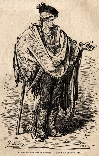 कॉर्डोबा क्षेत्र का एक किसान। गुस्ताव डोर (1832-1883) द्वारा लाइव पर लिया गया स्केच। 1862 में चार्ल्स डेविलियर और गुस्ताव डोर द्वारा स्पेन में यात्रा का वर्णन करने के लिए उत्कीर्णन, "ले टूर डू मोंडे, नोव्यू जर्नल डेस वॉयेज" में डीआईआर के तहत प्रक द्वारा गुस्ताव डोर