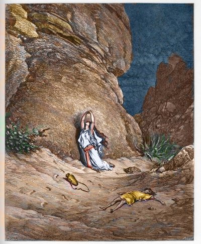 आगर (हागर) और उसका बेटा इस्माइल (इश्माएल), इब्राहीम - आगर (हागर) और बेटे इस्माइल (इश्माएल) द्वारा निष्कासित किए जाने के बाद रेगिस्तान में, इब्राहीम द्वारा शिकार किए जाने के बाद रेगिस्तान में - "बाइबल चित्रण" में उत्कीर्णन गुस्ताव डोर (1832-1883)  द्वारा गुस्ताव डोर