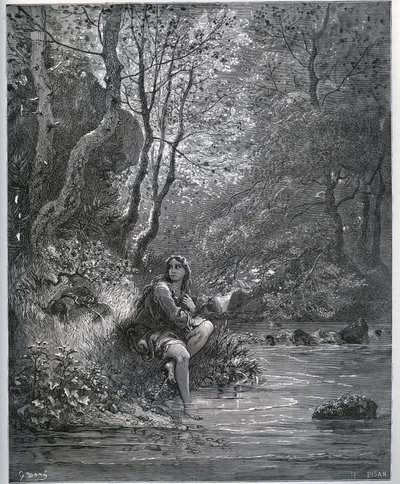 किसान के कपड़े में डोरोथी की उपस्थिति - मिगुएल सर्वेंट्स (1547-1616) (डॉन क्विक्सोट) द्वारा "" डॉन क्विक्सोट डे ला मंच" से - गुस्ताव डोर द्वारा ड्राइंग के बाद वुडकट द्वारा गुस्ताव डोर