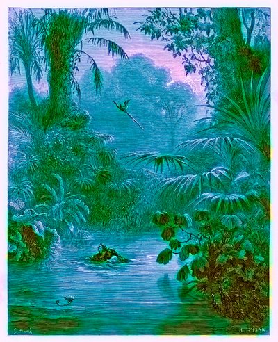 अटाला और चक्टास एक नदी को पार करते हुए, हेलोरियोर जोसेफ पिसान (1822-90) द्वारा उत्कीर्ण &39;द डोर गैलरी&39; से चित्रण, प्रकाशित c.1890 (डिजिटल रूप से बढ़ी हुई छवि) द्वारा गुस्ताव डोर