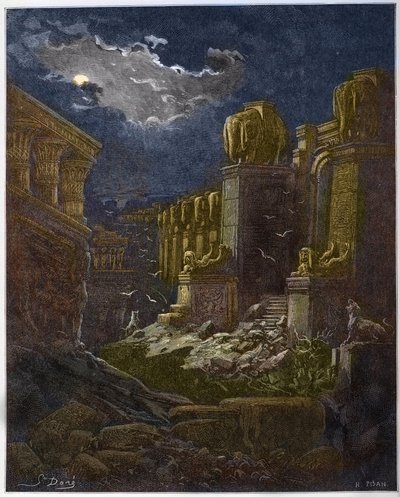 बाबुल बर्बाद - बाबुल का पतन - रुइन में बाबुल (सेंट जॉन की दृष्टि) - गुस्ताव डोर (1832-1883) द्वारा "बाइबल चित्रण" में उत्कीर्णन - "" द डोर बाइबिल "" से उत्कीर्णन द्वारा गुस्ताव डोर