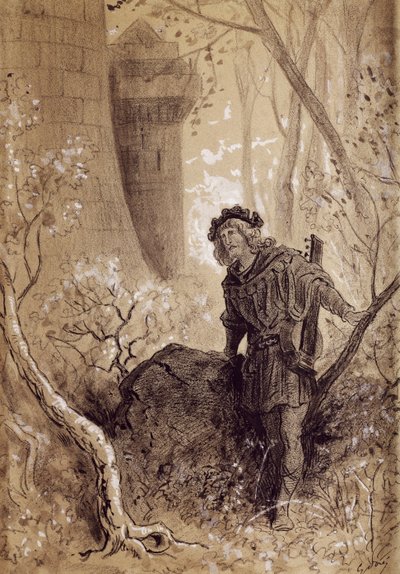 रिचर्ड द लायनहार्ट की ब्लोंडेल श्रवण आवाज, फ्रेंकोइस रबेलैस (1483-1494 - 1553) द्वारा गर्गेंटुआ और पेंटाग्रुएल के लिए चित्रण, गुस्ताव डोरे द्वारा उत्कीर्ण (1832-1883) द्वारा गुस्ताव डोर