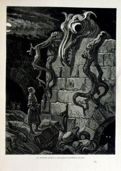 क्रोक-मिटाइन; 1863 का चित्रण, गुस्ताव डोर द्वारा (1832 - 1883); फ्रांसीसी कलाकार, प्रिंटमेकर, चित्रकार। Croque-Mitaine (द बोगीमैन) बच्चों को डराने और इस तरह उन्हें समझदार बनाने के लिए प्रस्तुत किया गया एक हानिकारक चरित्र है। द्वारा गुस्ताव डोर