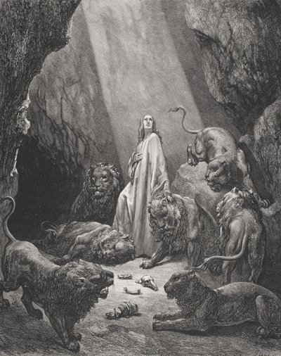 डैनियल ऑफ द लायन्स, डैनियल 6: 16-17, डोर की &39;द होली बाइबल&39;, से चित्रण, पियूड द्वारा उत्कीर्ण, 1866 द्वारा गुस्ताव डोर