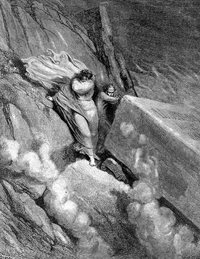 डांटे और वर्जिल रसातल के किनारे पर जिससे एक बदबूदार गंध उठी, 1863 द्वारा गुस्ताव डोर