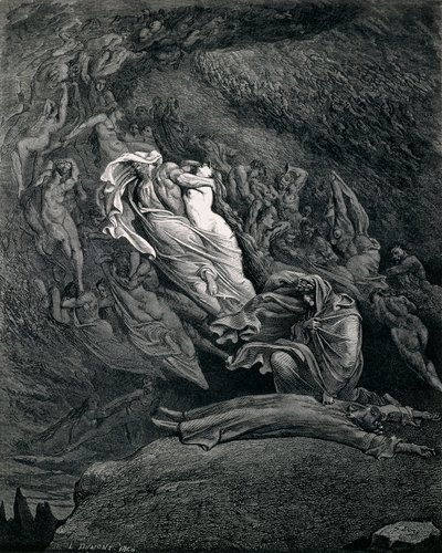 पाओलो और फ्रांसेस्का के साथ दांते और वर्जिल, इलस्ट्रेशन टू इन्फर्नो, डिवाइन कॉमेडी के कैंटो वी, दांते अलीघिएरी द्वारा (1265-1321), गुस्ताव डोरे द्वारा (1832-1883) द्वारा गुस्ताव डोर