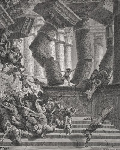 सैमसन की मृत्यु, न्यायाधीश 26: 28-30, डोर की &39;द होली बाइबल&39; का चित्रण, जी.लार्तेन्ट द्वारा उत्कीर्ण, 1866 (उत्कीर्णन) द्वारा गुस्ताव डोर