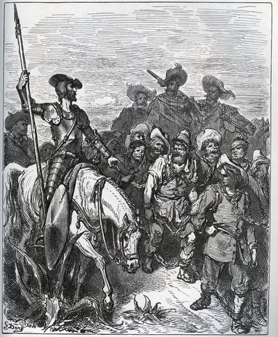 डॉन क्विक्सोट ने बलों से उनके दृढ़ विश्वास के कारणों के बारे में सवाल किया - मिगुएल सर्वेंट्स (1547-1616) (डॉन क्विक्सोट) द्वारा "डॉन क्विक्सोट डे ला मंच" से - गुस्ताव डोर द्वारा ड्राइंग के बाद वुडकट द्वारा गुस्ताव डोर