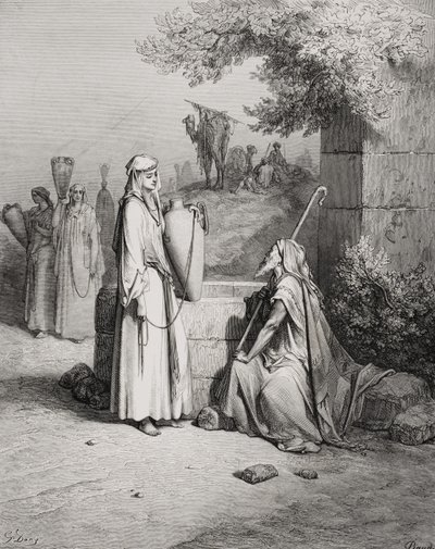 एलीएजर और रिबका, उत्पत्ति 24: 15-21, डोर की &39;द होली बाइबल&39; का चित्रण, पियूड द्वारा लिखित, 1866 द्वारा गुस्ताव डोर