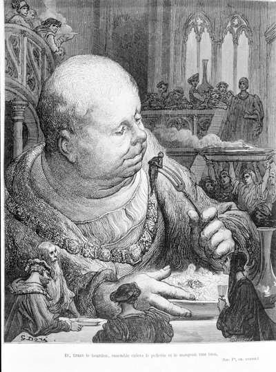 फ्रेंकोइस रैबेलैस (1483 - 1553) द्वारा गर्गेंटुआ (1534) से निकालें: और, भौंरा को खींचकर, एक साथ पेलेरिन को हटा दिया और इसे बहुत अच्छी तरह से खा लिया। गुस्ताव डोरे द्वारा उत्कीर्णन (1823-1883) द्वारा गुस्ताव डोर