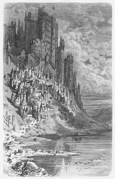 शहर और महल के साथ काल्पनिक परिदृश्य, होनोर डी बाल्ज़ाक (1799-1850) द्वारा &39;लेस कॉन्टेस ड्रोलैटिक्स&39; से चित्रण द्वारा गुस्ताव डोर