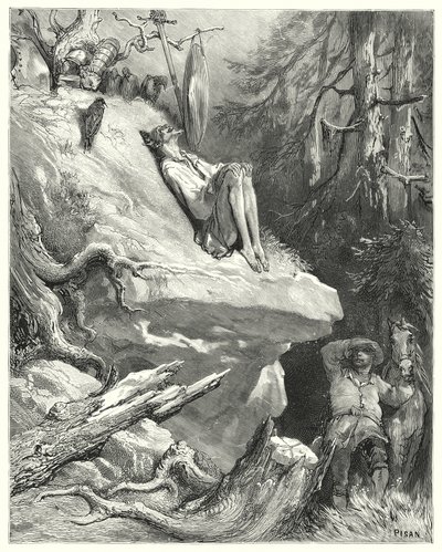 गुस्ताव डोर का डॉन क्विक्सोट: "काश!" सांचो ने उत्तर दिया, "मैंने उसे उसकी कमीज में, दुबला, पीला, और लगभग भूखा, उसकी लेडी डलसीनिया के लिए आह भरते हुए पाया" (उत्कीर्णन) द्वारा गुस्ताव डोर
