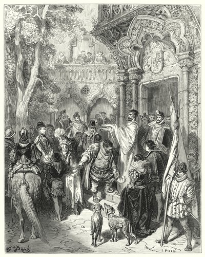 गुस्ताव डोर के डॉन क्विक्सोट: "वह ड्यूक और जुदाई में रानी का हाथ चूमा, और अपनी मास्टर आशीर्वाद प्राप्त" (उत्कीर्णन) द्वारा गुस्ताव डोर